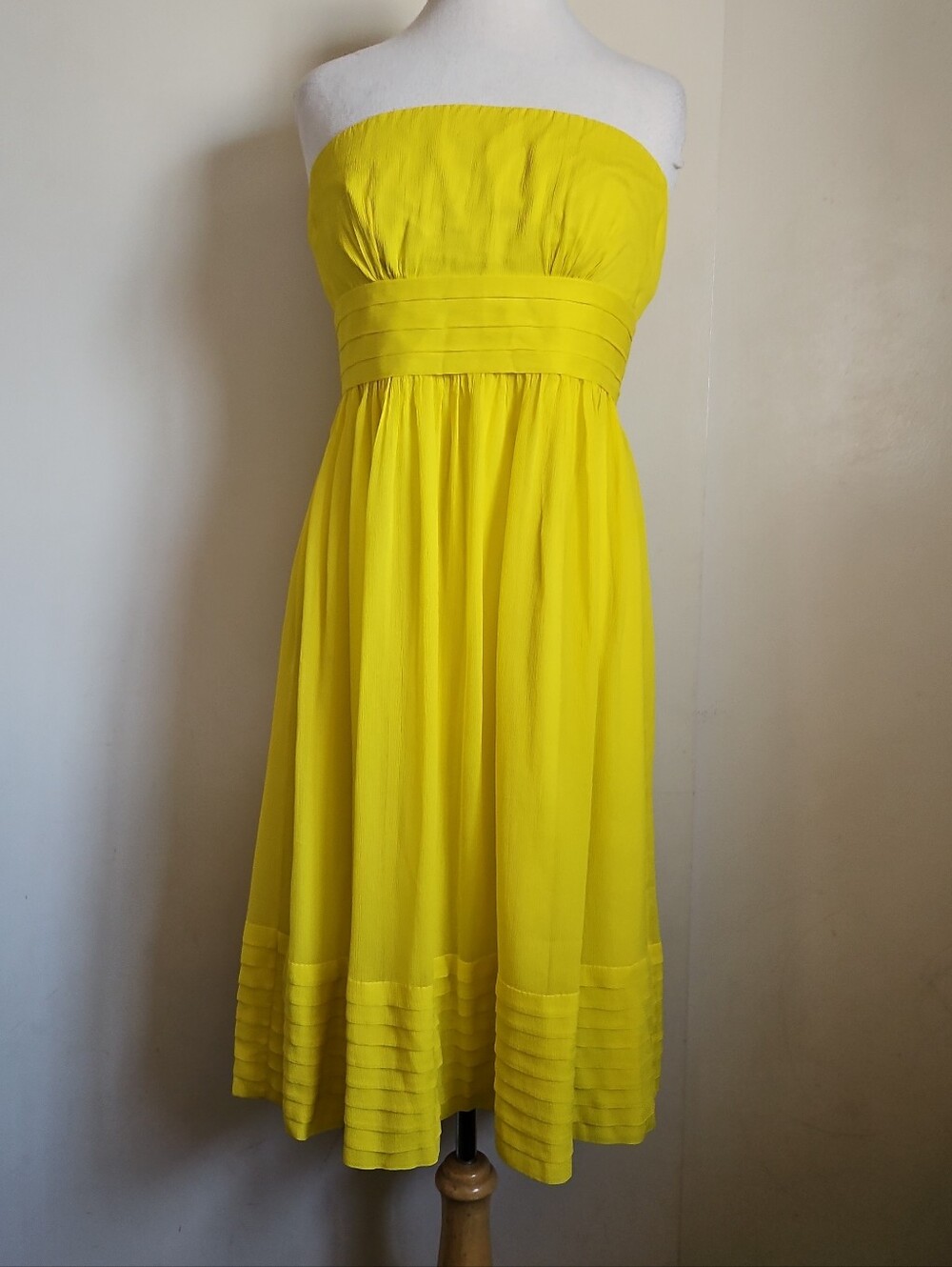 J.Crew Silk Yellow Pleated Strapless Empire Chiffon Midi Dress Size 10